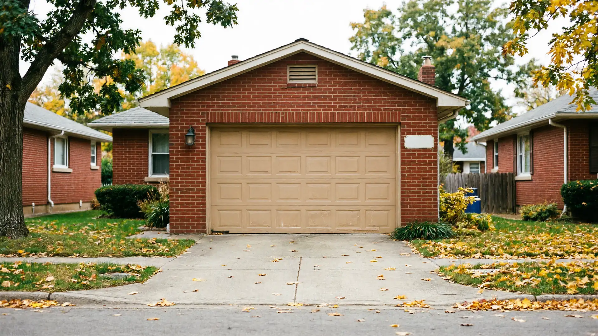 A brick house with a tan garage door and a concrete driveway.