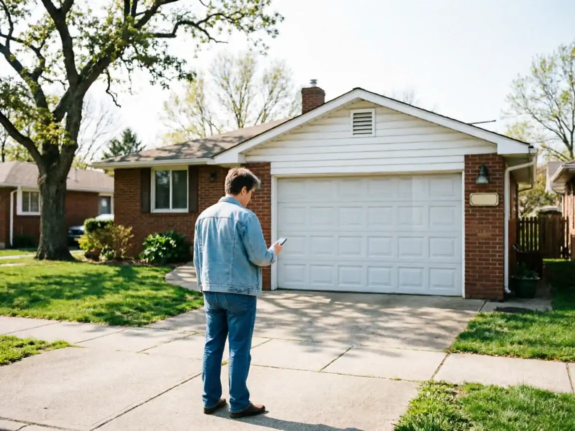 A man in a denim jacket stands in a driveway looking at his phone.
