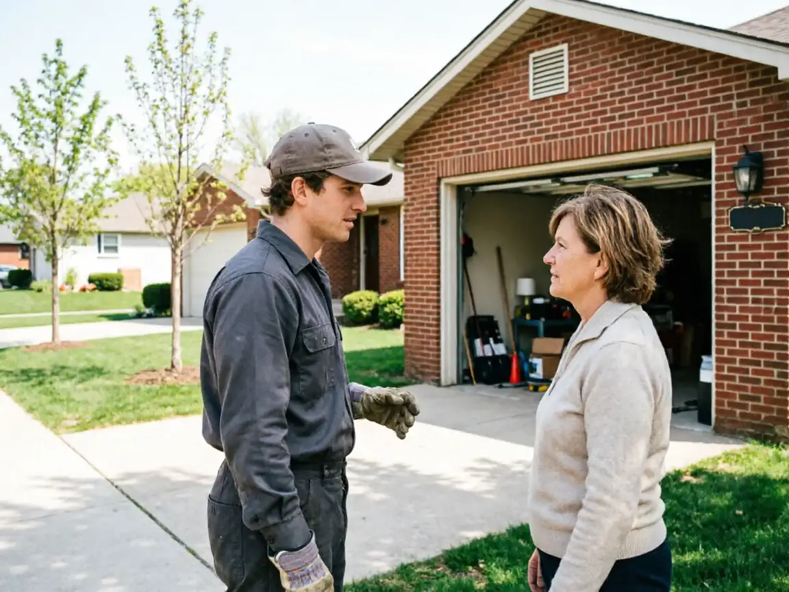 A technician in a gray uniform talks to a woman in front of a brick house.